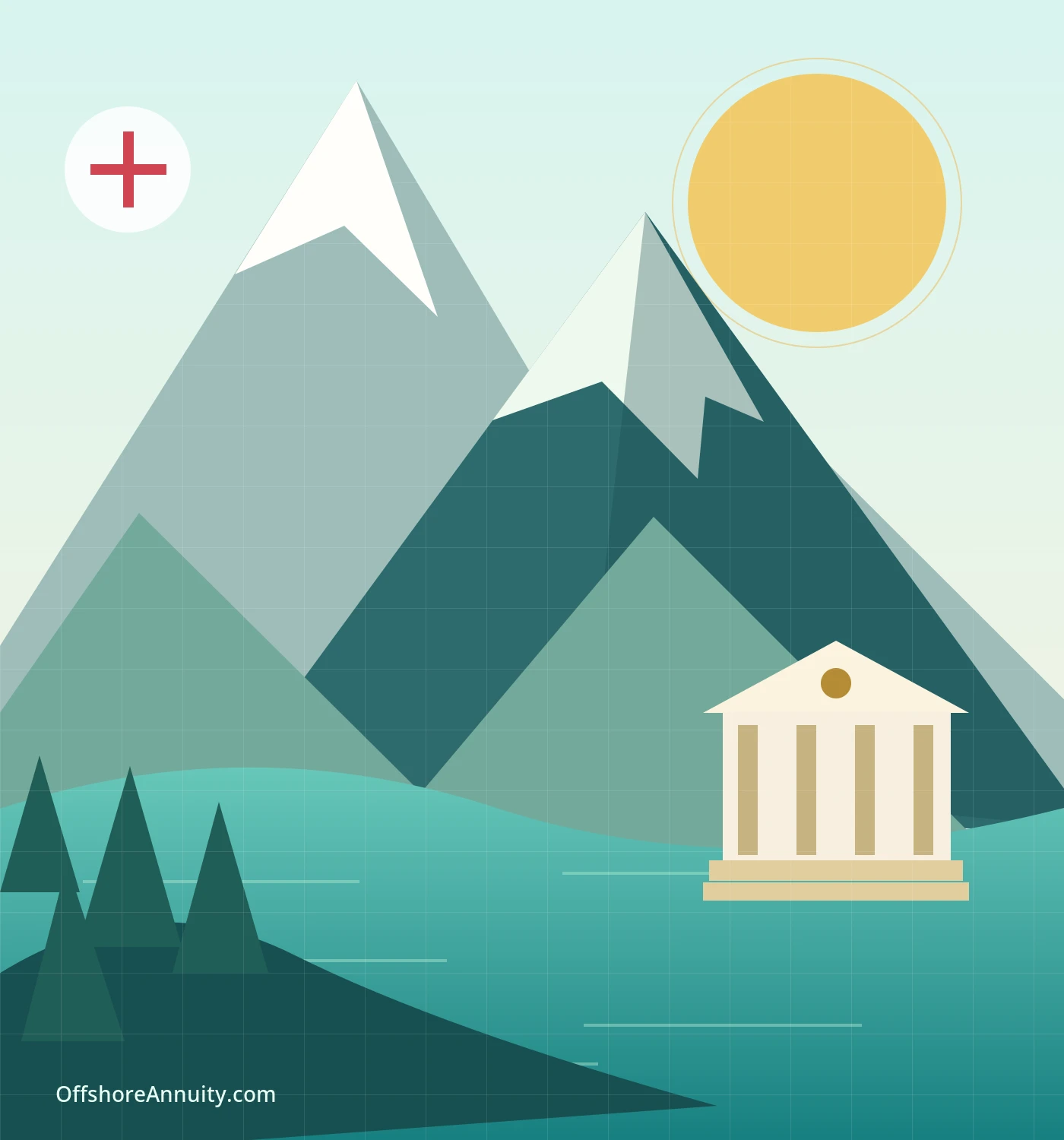 Original illustration of Swiss-inspired alpine peaks, a lake, and a financial building